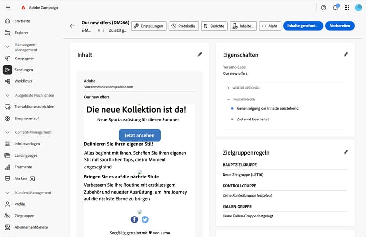 Screenshot der Schaltfläche „Inhalt genehmigen“ im Versand-Dashboard