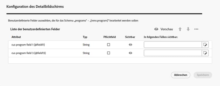 Screenshot zur Konfiguration von benutzerdefinierten Feldern für ein Programm