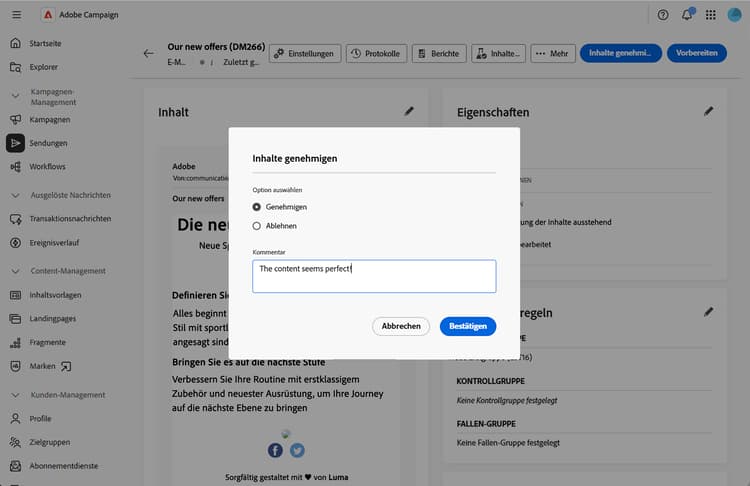 Screenshot des Genehmigungs-Dialogfelds mit den Schaltflächen „Genehmigen“ und „Ablehnen“ und dem Feld „Kommentar“