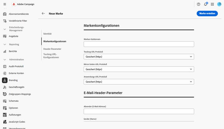 Screenshot der Registerkarte „Markenkonfigurationen“