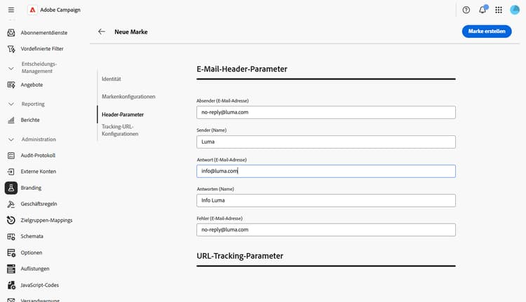 Screenshot der Registerkarte „Header-Parameter“ mit E-Mail-Header-Feldern