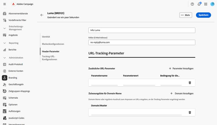 Screenshot mit URL-Tracking-Parametern auf der Registerkarte „Header-Parameter“