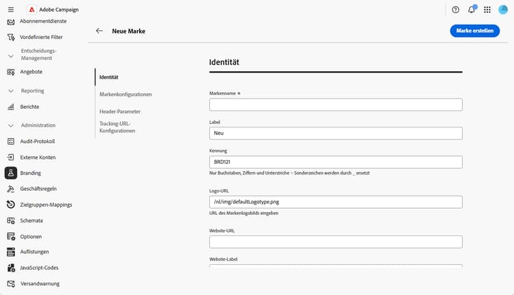 Screenshot der Felder zur Markenerstellung