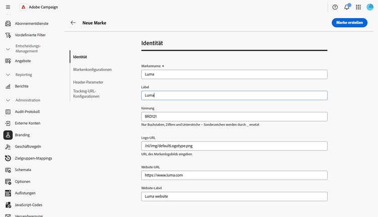Screenshot, der die Registerkarte „Identität“ beim Erstellen einer Marke zeigt