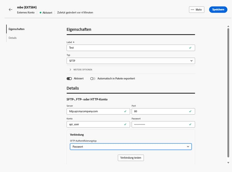 Screenshot mit den Feldern zur Konfiguration des externen Kontos „HTTP“.