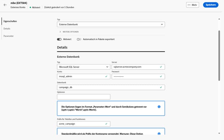 Screenshot mit den Feldern zur Konfiguration des externen Kontos „Microsoft SQL Server“.