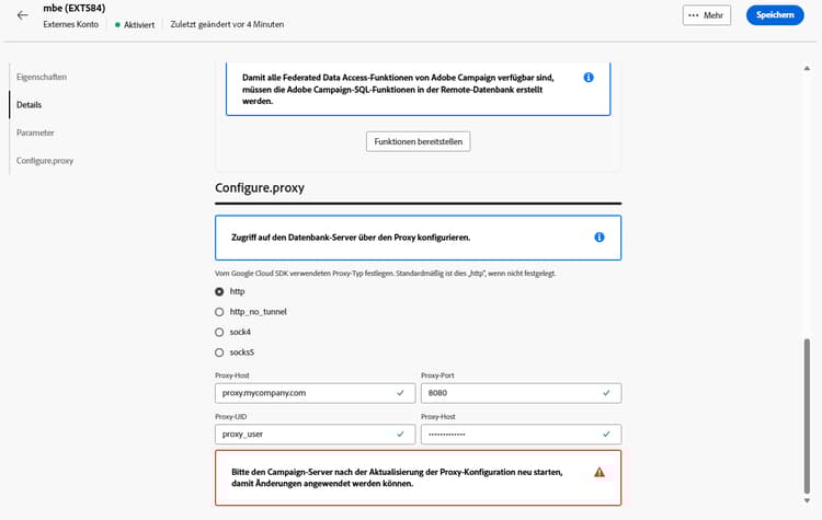 Screenshot mit den Feldern zur Konfiguration des externen Kontos „Google BigQuery“.