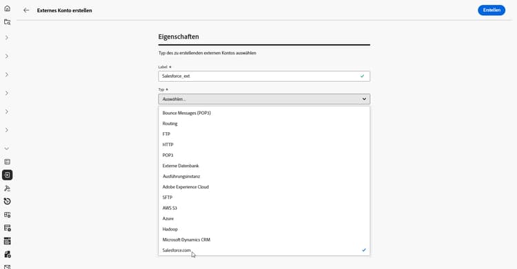 Screenshot mit den Feldern zur Konfiguration des externen Kontos „Salesforce“.