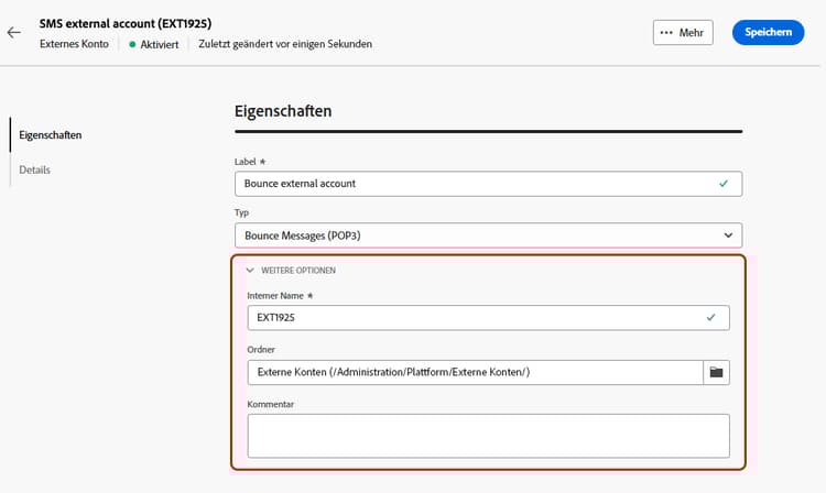 Screenshot mit weiteren Optionen für die Konfiguration des internen Namens und des Ordnerpfads