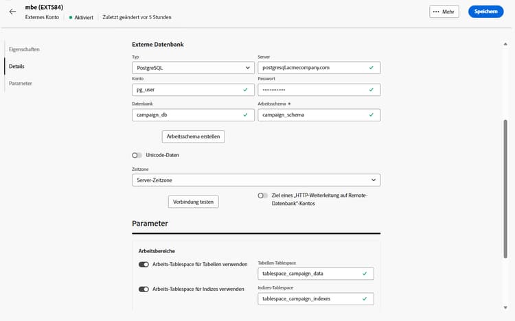 Screenshot mit den Feldern zur Konfiguration des externen Kontos „PostgreSQL“.