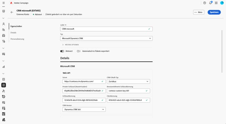 Screenshot mit den Feldern zur Konfiguration des externen Kontos „Microsoft Dynamics CRM“.