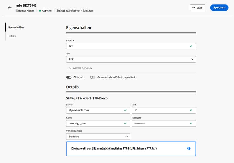Screenshot mit den Feldern zur Konfiguration des externen Kontos „FTP“.