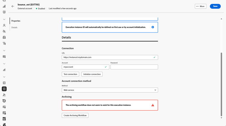 Screenshot mit den Feldern zur Konfiguration des externen Kontos „Ausführungsinstanz“