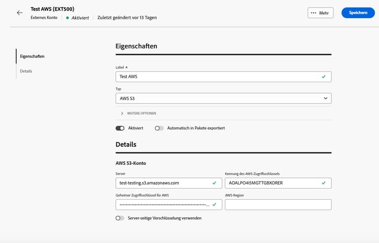 Screenshot der Konfigurationsfelder für das externe Amazon Simple Storage Service S3-Konto.