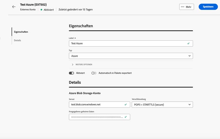 Screenshot der Konfigurationsfelder des externen Azure Blog Storage-Kontos.