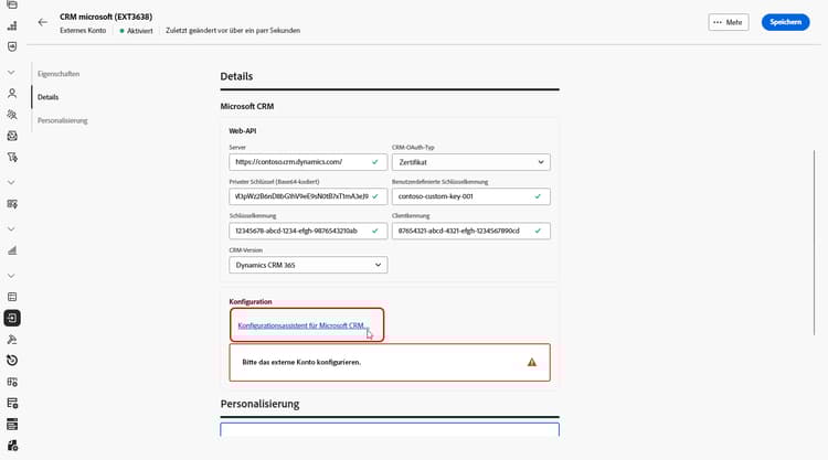 Screenshot mit den Feldern zur Konfiguration des externen Kontos „Microsoft Dynamics CRM“.