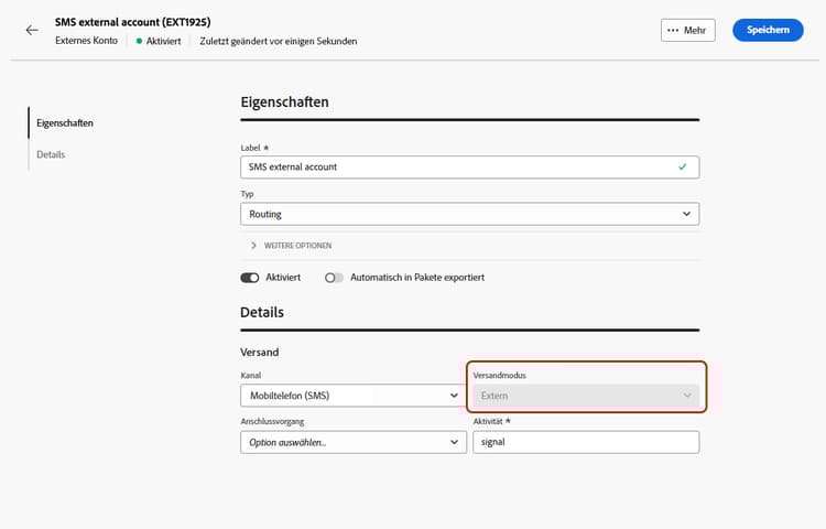 Screenshot mit der Konfiguration des Versandmodus für externe Routing-Konten.