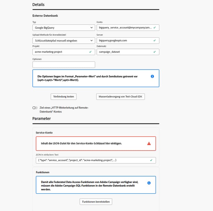 Screenshot mit den Feldern zur Konfiguration des externen Kontos „Google BigQuery“.