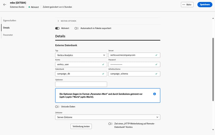 Screenshot mit den Feldern zur Konfiguration des externen Kontos „Vertica Analytics“.
