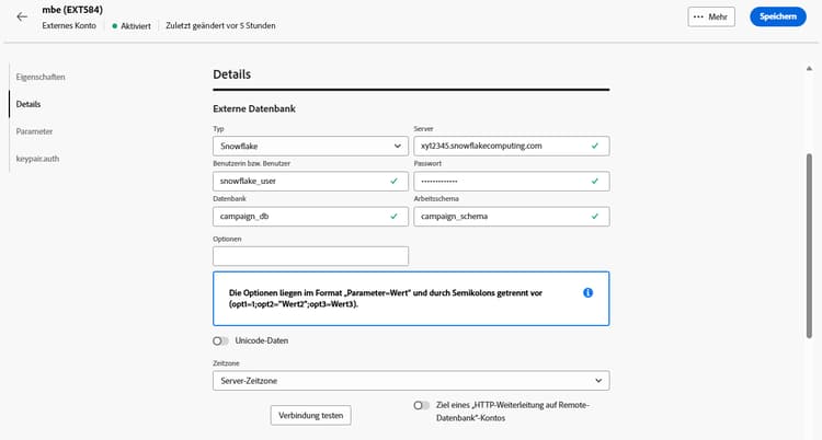 Screenshot mit den Feldern zur Konfiguration des externen Kontos „Snowflake“.