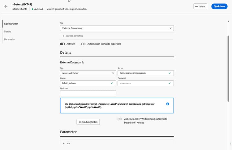Screenshot mit den Feldern zur Konfiguration des externen Kontos „Microsoft Fabric“.