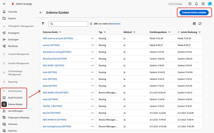 Screenshot mit der Option zum Erstellen eines externen Kontos in der Web-Benutzeroberfläche