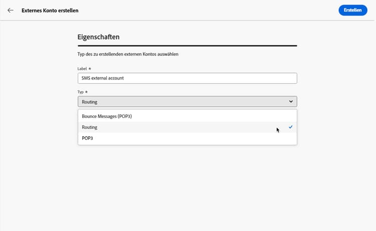 Screenshot mit der Auswahl des externen Routing-Kontotyps.