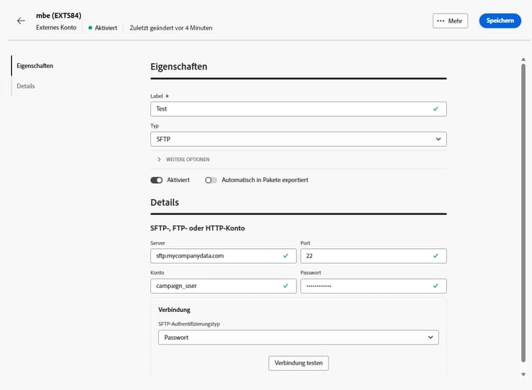 Screenshot mit den Feldern zur Konfiguration des externen Kontos „SFTP“.