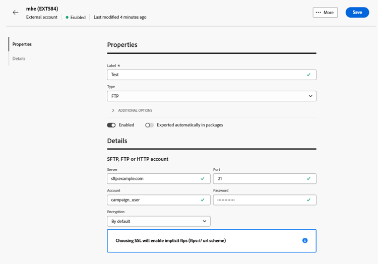 Screenshot mit den Feldern zur Konfiguration des externen Kontos „FTP“.