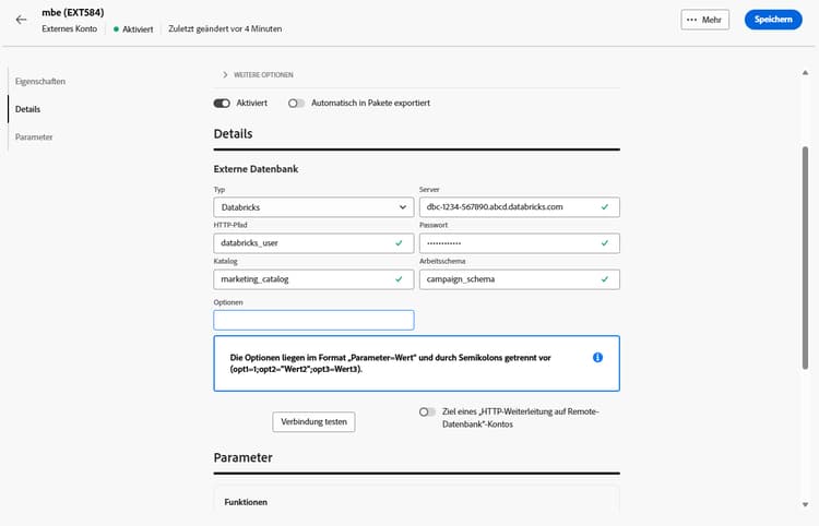 Screenshot mit den Feldern zur Konfiguration des externen Kontos „Databricks“.