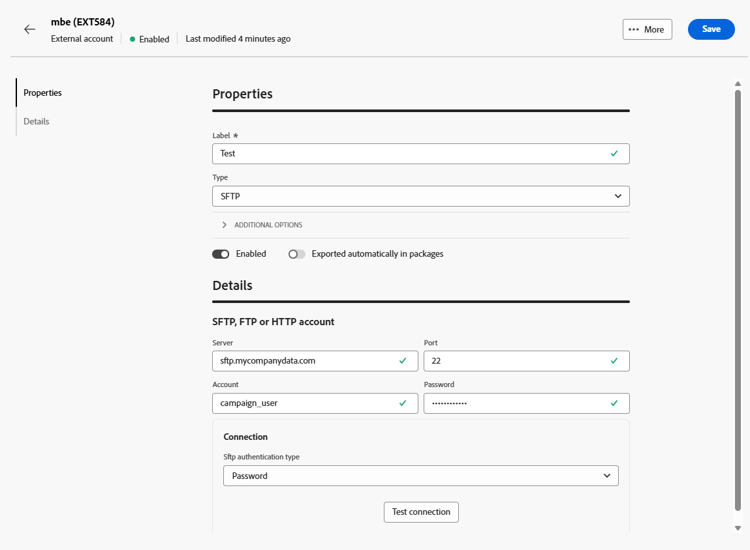 Screenshot mit den Feldern zur Konfiguration des externen Kontos „SFTP“.