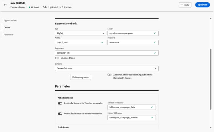 Screenshot mit den Feldern zur Konfiguration des externen Kontos „MySQL“.