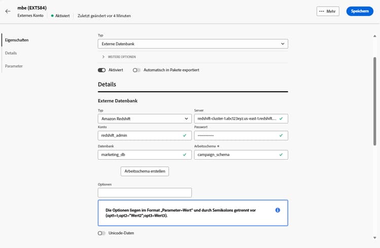 Screenshot mit den Feldern zur Konfiguration des externen Kontos „Amazon Redshift“.