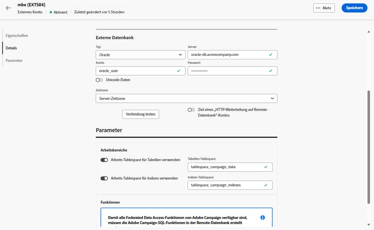 Screenshot mit den Feldern zur Konfiguration des externen Kontos „Oracle“.