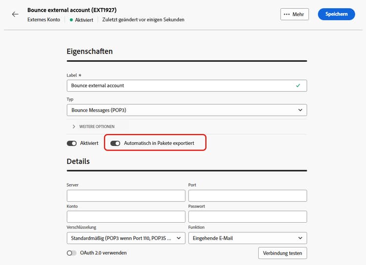 Screenshot mit der Option zum Aktivieren des automatischen Exports in Paketen