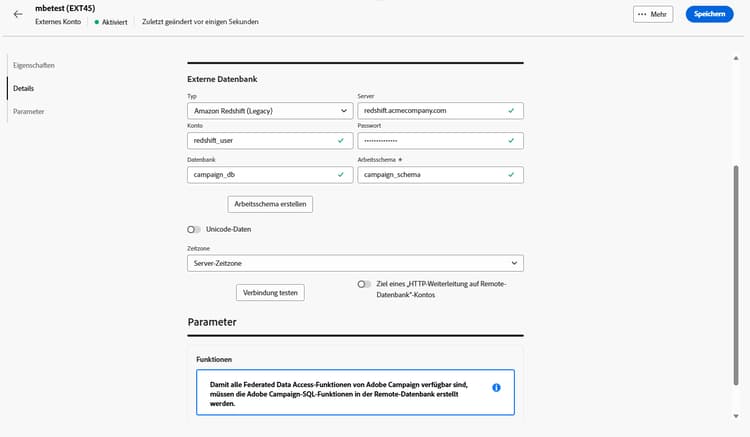 Screenshot mit den Feldern zur Konfiguration des externen Kontos „Amazon Redshift (veraltet)“.