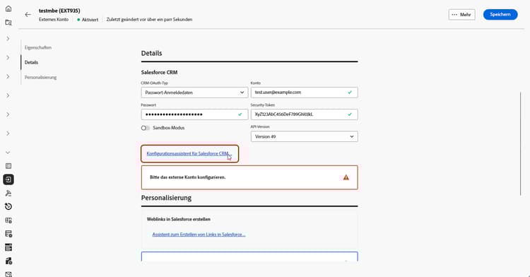 Screenshot mit den Feldern zur Konfiguration des externen Kontos „Salesforce CRM“.