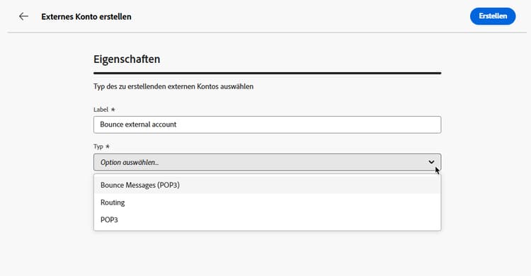 Screenshot mit Feldern zum Eingeben des Labels und Auswählen des externen Kontotyps
