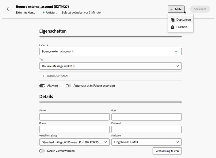 Screenshot mit dem Menü „Mehr“ mit Optionen zum Duplizieren oder Löschen des externen Kontos