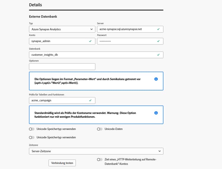 Screenshot mit den Feldern zur Konfiguration des externen Kontos „Azure Synapse Analytics“.