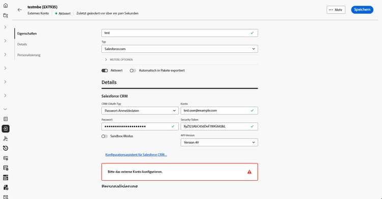 Screenshot mit den Feldern zur Konfiguration des externen Kontos „Salesforce“.