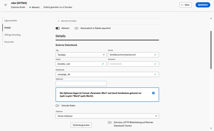 Screenshot mit den Feldern zur Konfiguration des externen Kontos „Teradata“.