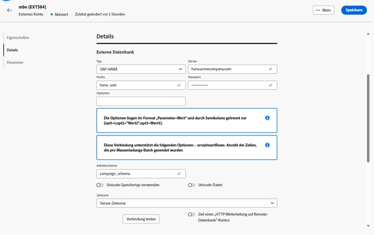 Screenshot mit den Feldern zur Konfiguration des externen Kontos „SAP HANA“.