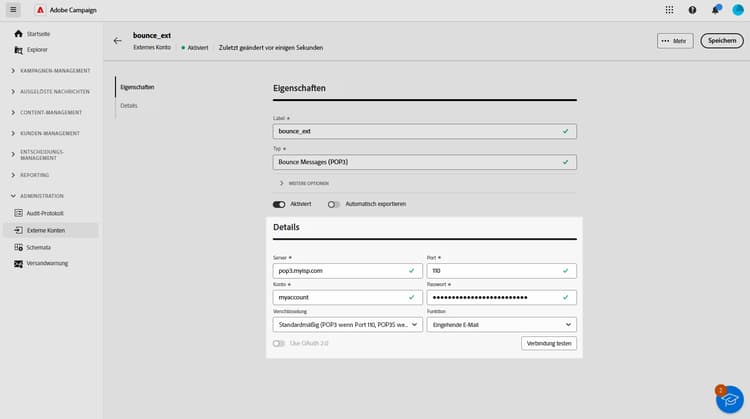 Screenshot mit den Feldern zur Konfiguration des externen Kontos „Bounce Messages (POP3)“