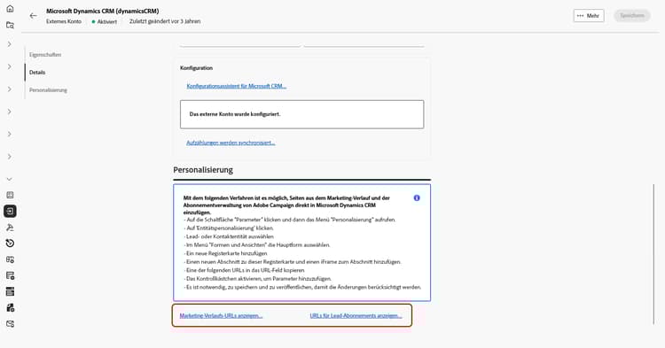 Screenshot mit den Feldern zur Konfiguration des externen Kontos „Microsoft Dynamics CRM“.