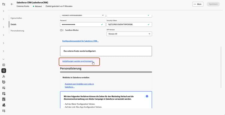 Screenshot mit den Feldern zur Konfiguration des externen Kontos „Salesforce CRM“.
