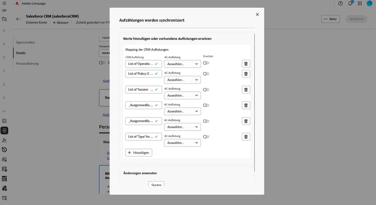 Screenshot mit den Feldern zur Konfiguration des externen Kontos „Salesforce CRM“.