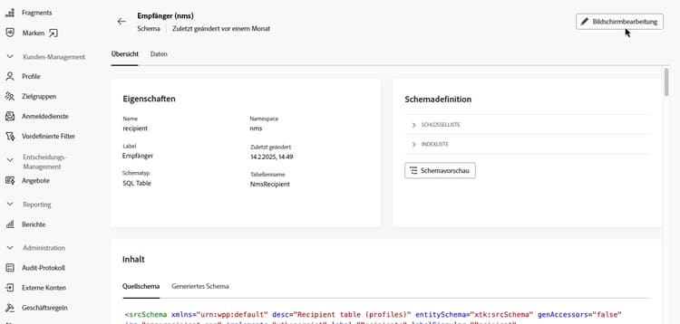 Screenshot mit der Schaltfläche „Bildschirmdefinition“ in der Schemaansicht