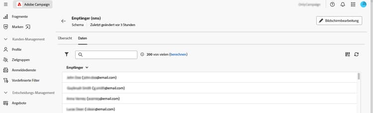 Registerkarte „Daten“ des Schemas mit Datenstruktur und Attributen