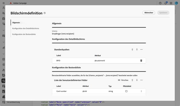 Abschnitt „Allgemein“ der Bildschirmdefinition
